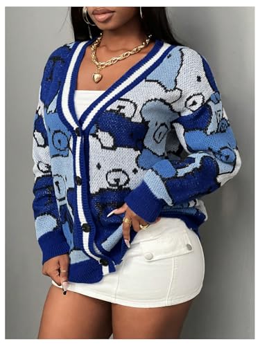 Floerns Women's Button Up Cartoon Cardigan Sweater V Neck Long Sleeve Loose Knitwear2