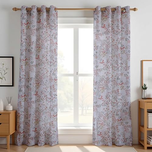 Image of LINENWALAS Cotton Sheer Curtains for Door - Light Filtering 7 Feet Set of 2, Aesthetic Cafe Curtain Floral Printed Drapes with Grommet Hanging - (L 7FT x W 4.5FT, Blush Meadow)