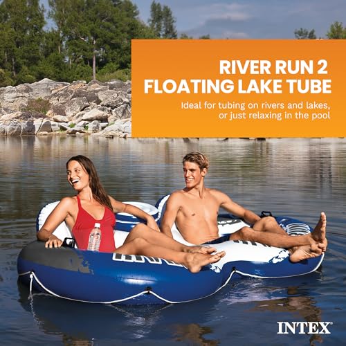 Image of INTEX 58837EP River Run 2 Inflatable Floating Lounge: Comfortable Backrests - Built-in Cup Holders - Cooler with Lid - 2 Person - 440lb Weight Capacity