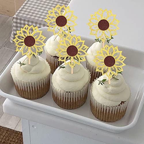 24 Pcs Sunflower Cupcake Toppers Glitter Flower Theme Cupcake Picks For Baby Shower Kids Boys Girls Birthday Party Cake Decorations Supplies #TOP2