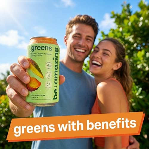 Image of Be Amazing Greens Drink, Peach Mango, Ready to Drink, 10 Organic Fruits & Vegetables, Coconut Water, Vitamin C, Prebiotic Fiber, 25 Calories, Low Sugar, Vegan, Gluten Free, On the Go, 8 Pack