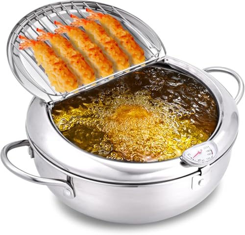 cuomaop Deep Fryer Pot, 304 Stainless Steel Japanese Frying Pot with Oil Drain, Temperature Control and Lid, Tempura Deep Fryer Pot for Kitchen Stove/Induction Cooker French Fries Fryer Chicken 9.4