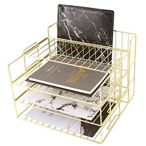 Hosaken Stackable Paper Tray, Desk File Organizer Rack for Office Supplies and Accessories, 3-Tier Letter Tray Plus Display Shelf and Magazine Holder Basket, Gold