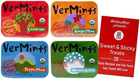 VerMints Organic Breath Mints | 4 Flavor Variety (1) Tin each: Ginger, Wintergreen, Cinnamon, Peppermint (1.76 Ounces) Plus Recipe Booklet Bundle