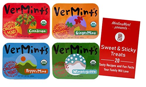Vermints Organic Breath Mints | 4 Flavor Variety (1) Tin Each: Ginger, Wintergreen, Cinnamon, Peppermint (1.76 Ounces) Plus Recipe Booklet Bundle #TOP23