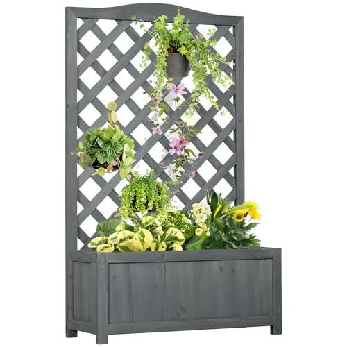 Macetero elevado de madera gris resistente con celosía vertical para flores y verduras 2