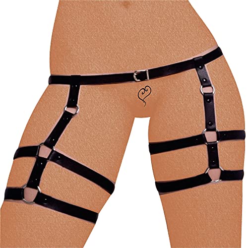 Arreio Cinta Liga Arnês Feminino Coleção Sex Night Cinta Punk para o Corpo, Preto, Couro Eco, Linger