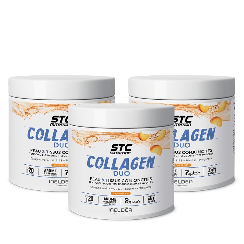 STC NUTRITION - Collagen Duo - Favorise la Santé de la Peau, des Os et des Articulations - Collagène Marin Type I + Vitamines C & E + Sélénium + Manganèse - Arôme naturel de pêche - 3 pots