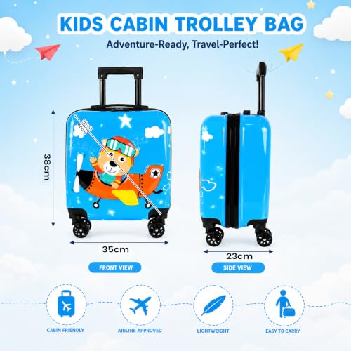 Image of Storite 18In Kids Luggage Trolley Hard Shell Cabin Suitcase | Cute Cartoon Bear Pilot Design Suitcase Ideal For School Trips Vacations Holidays And Weekend Travel (Blue - 35 x 23 x 38 Cm)