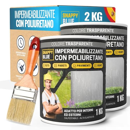 [2KG + SPAZZOLA] Impermeabilizzante Trasparente al Poliuretano, Sigillante Impermeabile per Perdite d’Acqua, Rivestimento Idrorepellente Definitivo e Invisibile per Tetti, Terrazze ed Esterni