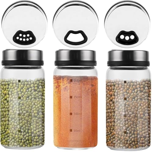 ZOFUN Juego de 3 tarros de especias con tapa giratoria, 200 ml, frascos de especias de vidrio de borosilicato, salero y pimentero, tarros de especias con agujeros para especias para cocina, barbacoa