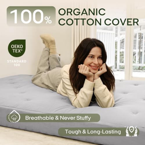 Image of ZonLi Japanese Floor Futon Mattress King Size 76 inchx80 inch100% Cotton Cover 6'' Thicken Tatami Mattress,Foldable Sleeping Pad,Portable Dormitory Tatami Mat,Roll Up Floor Lounger Bed for Adult (Light Grey)