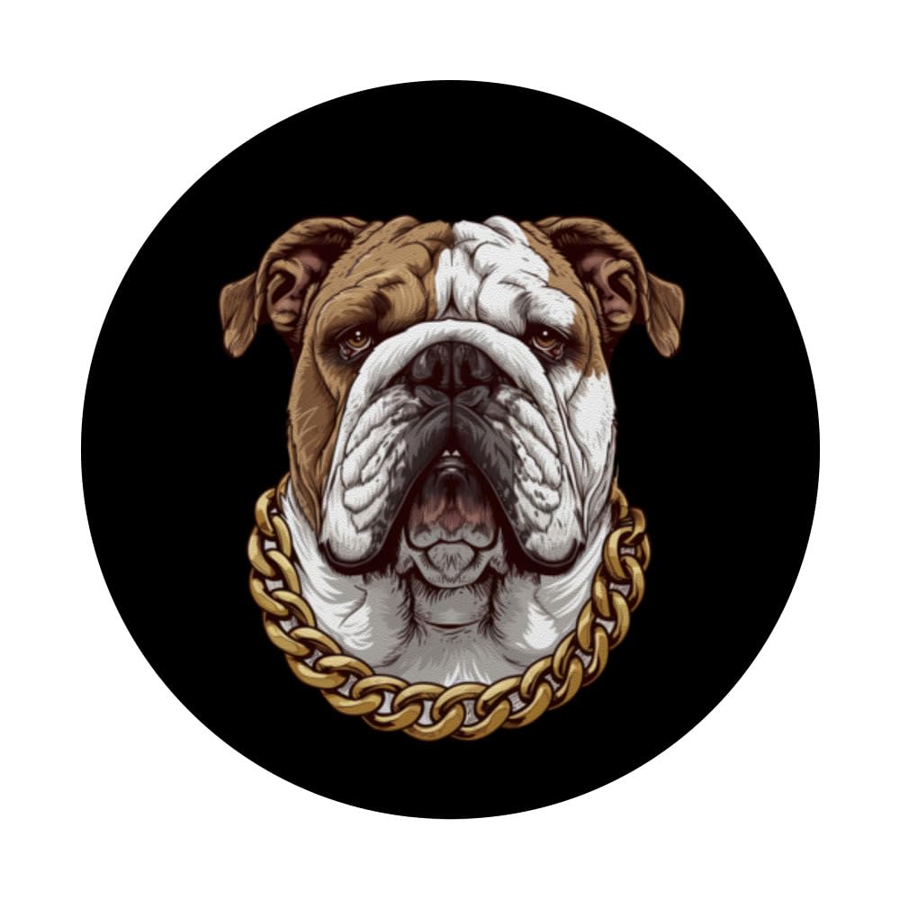 Stylish English Bulldog with Golden Chain Collar Necklace PopSockets Swappable PopGrip, Black - Image 3