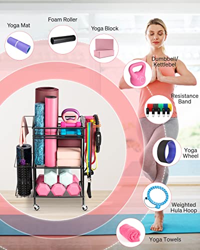 Home Gym Workout Equipment Storage - Fhxzh Yoga Mat Storage Rack Organizer For Dumbbell Kettlebells Foam Rollers Resistance Bands And More Gym Accessories, All-In-One Exercise Equipment Storage Cart With Wheels Hooks #TOP2