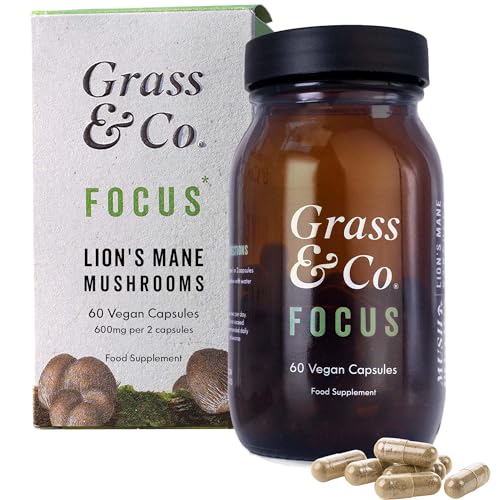 Grass & Co. Lions Mane Supplement Mushroom 600mg Capsules with Vitamin D, Vegan Omega 3, Vitamin B12 & Ginseng | Focus | Supports Cognitive Health | 60 Capsules, 30 Servings