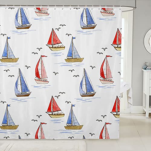 Homemissing SegelStiefel Duschvorhang Textil Möwe Tuch Stoff Dekor für Kinder Jungen Mädchen Nautik Duschvorhang 180x210cm Ozean Marine Thema Wasserdicht mit Haken Sommer Urlaub Zimmer Dekor Cover