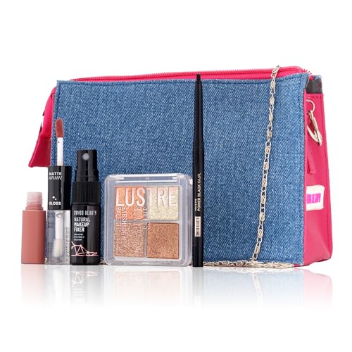 Image of SWISS BEAUTY Easy-To-Do Makeup Kit | Mini Makeup Fixer + Black Kajal + Lustre Eyeshadow Palette + Duo Lipstick With Gloss + Denim Pouch |, 5 count