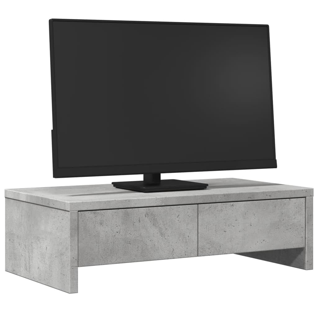 Monitorständer mit Schubladen Betongrau aus Holzwerkstoff 50 x 27 x 15 cm, 2 Schubladen, 25 kg Tragkraft, Monitoraufsatz für Schreibtisch, Arbeitsplatz und Homeoffice, Ordnung und Ergonomie
