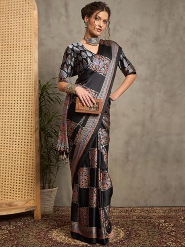 Image of AKHILAM Women's Pure Crepe Striped Printed Saree With Unstitched Blouse Piece