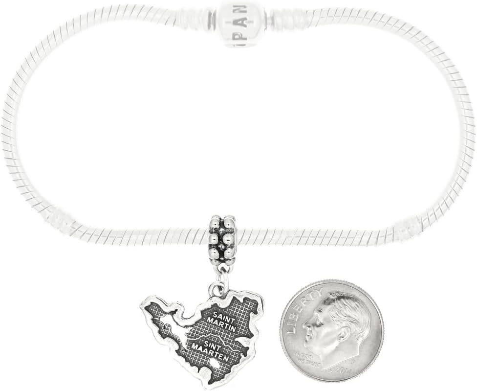 Sterling Silver Oxidized Saint St. Martin Island Country Map Dangle Bead Charm Compatible with Pandora Bracelets