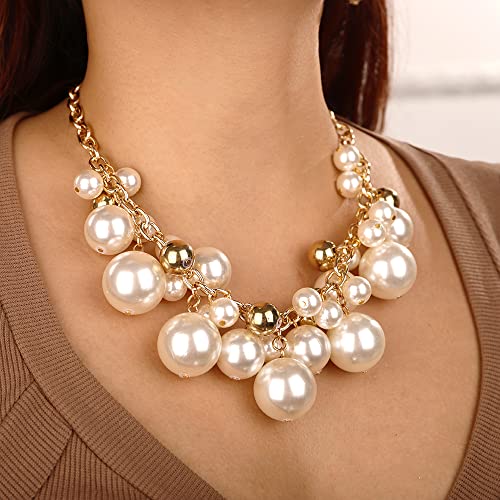 Wiwpar Women Statement Gold Short Chain Pendant Pearl Necklaces Chunky Faux Pearl Cluster Collar Bib Choker Necklace and Earrings Set for Women Gift4