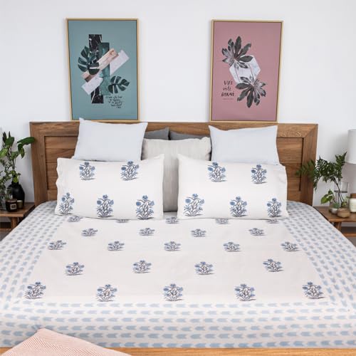 Image of Aabi Premium Hand Block Printed Bedsheet | Bed Spread Flatsheet Bed Sheet | Pure Cotton | Double Bed Queen Size 90 inchx108 inch | 300 TC Long Staple Cotton | 2 Pillow Covers | Floral Print