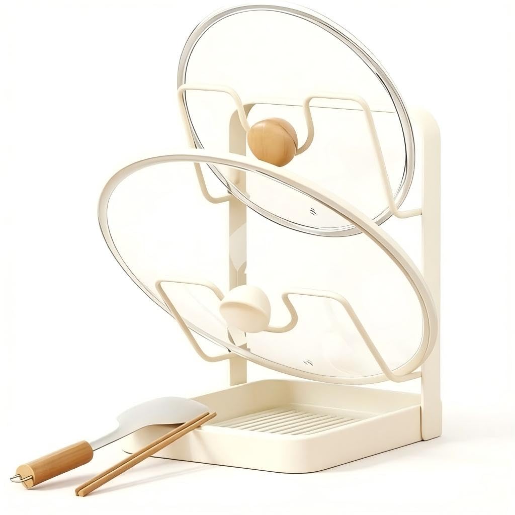 2 Tier Pot Lid Holder Rack for Kitchen Storage, Multifunctional Pan Lid Organizer for Countertop, Kitchen Spoon Rest with Lid Holder Rack for StoveTop（White）