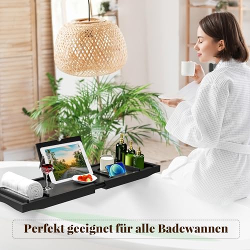 Badewannenablage aus Bambus verstellbares Badewannenbrett Badewannen Ablagen für Ipad und Bücher Badewannentablett mit Getränkehalter, Buchstütze und Weinglas 75-109 * 23 * 4,5cm