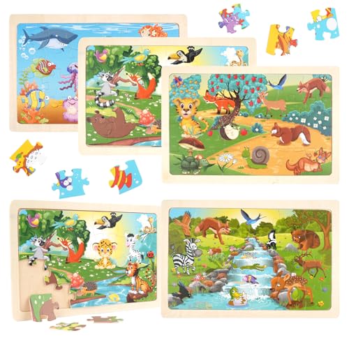 5 × 24 Teile Holzpuzzle Kinder ab 3 Jahren – Holzpuzzle Set mit 5 Tierwelten...