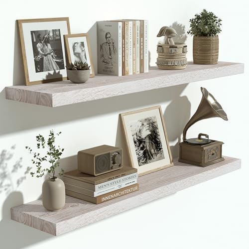 Image of Vivelove Elm Wood Floating Shelf 36x8 inch Set of 2, Weathered White