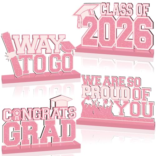 Image of 4Pcs Pink Rose Gold Graduation Decorations Class of 2026 Wooden Centerpieces for Tables Congrats Grad Table Topper Congratulations Tiered Tray Decor for 2026 Graduation Party Decorations Supplies