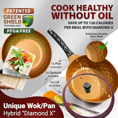 Diamond X Premium Extreme Non Stick 11" Frying Wok Pan Hybrid with Lid and Spatula, Oil-Free, PFOA-Free Cooking with Titanium-Coated 8-Layered Korean Engineered Deep Stir Fry Skillet, Rapid Heating - Thumbnail 3