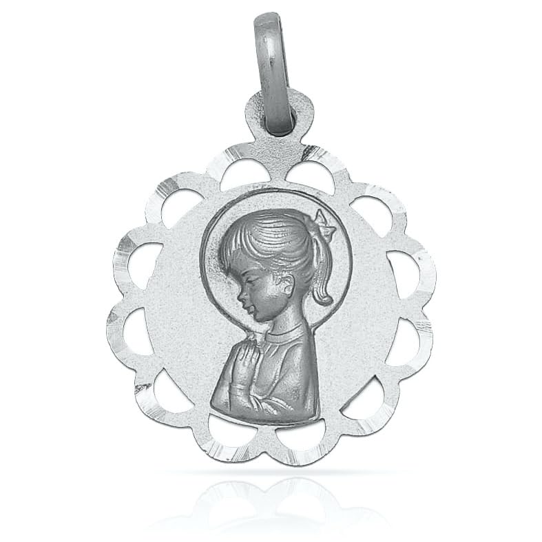 Medalla Virgen Niña calada, colgante de Plata 925 de 17mm para cadena