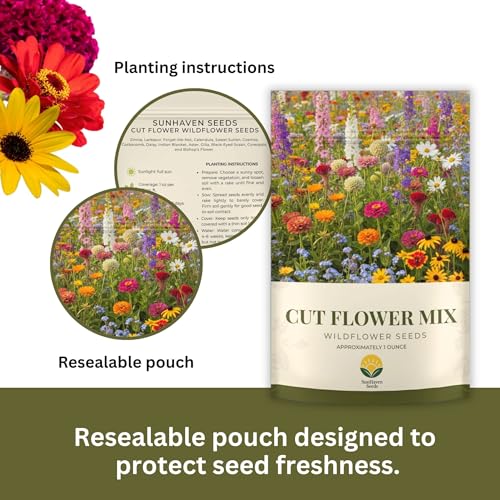 SunHaven Seeds Cut Flower Garden Seed Mix – 15,000+ Seeds – 1 oz Extra Large Packet – Non-GMO Flower Seeds – Zinnia, Cosmos, Larkspur, Calendula, Bishop’s Flower & More for Bouquets & Cutting Gardens
