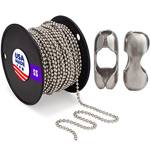 Waxaw #10 Stainless Steel Beaded Ball Chain 100 Feet Spool With 100 Pack B-Type Connectors Bundle | Usa Made #TOP10