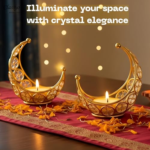 Image of Classyo Moon Shaped Crystal Tea Light Candle Holders (Pack of 2) | Diwali Tealight Candle Holders | Metal Lantern | Tea Light Holders for Diwali, Pooja and Ramadan (Gold)