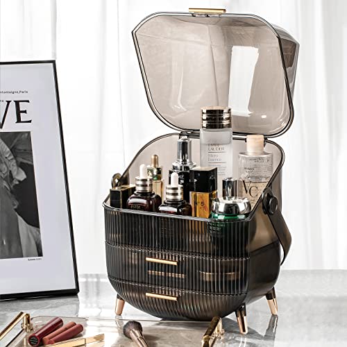 Image of CANITORON Makeup Organizer,Large Capacity Skincare Organizer for Vanity,Cosmetic Organizer with 2 Drawers and Transparent Cover for Bedroom Countertop and Bathroom Countertop Storage.(Gray)