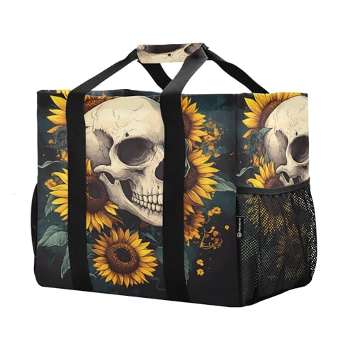 Large Waterproof Travel Tote Bag for Women Men, Floral Sunflower Skull Canvas Beach Bag with Lining & Pockets - Reusable Grocery/Laundry/Kitchen/Pool/Picnic Tote (15.4x9.8x12.8in)2
