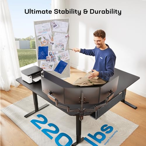 Image of HUANUO Electric L Shaped Standing Desk, 63 inch x 63 inch Height Adjustable Corner Standing Desk with Built-in Power Outlets & Power Strip Holder, Sit Stand Up Table with 4 Preset Heights, Black