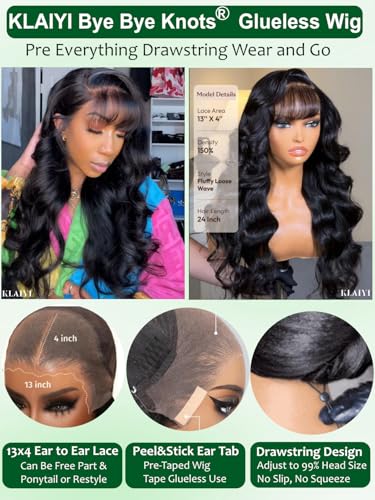Image of KLAIYI Pre everything 13x4 Lace Front Natural Loose Body Wave With Curtain Bang Glueless Put on and Go Human Hair Wigs Side Part Drawstring Bye Bye Knots Pre Plucked Bleached Ready to Wear Wig 16Inch