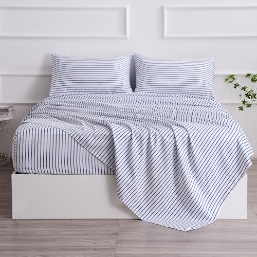Best Season Queen Blue Striped Bed Sheet Set 4 Piece With 16-Inch Deep Pockets- Super Soft & Wrinkle Free Stripe Bed Sheets cover