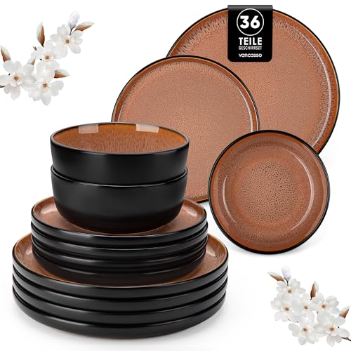 vancasso AMBER Service de Table 12 Personnes, Set Vaisselle 36 Pièces en Grès - Assiettes Plates, Assiettes à Dessert et Bols - Adapté au Micro-Ondes,...