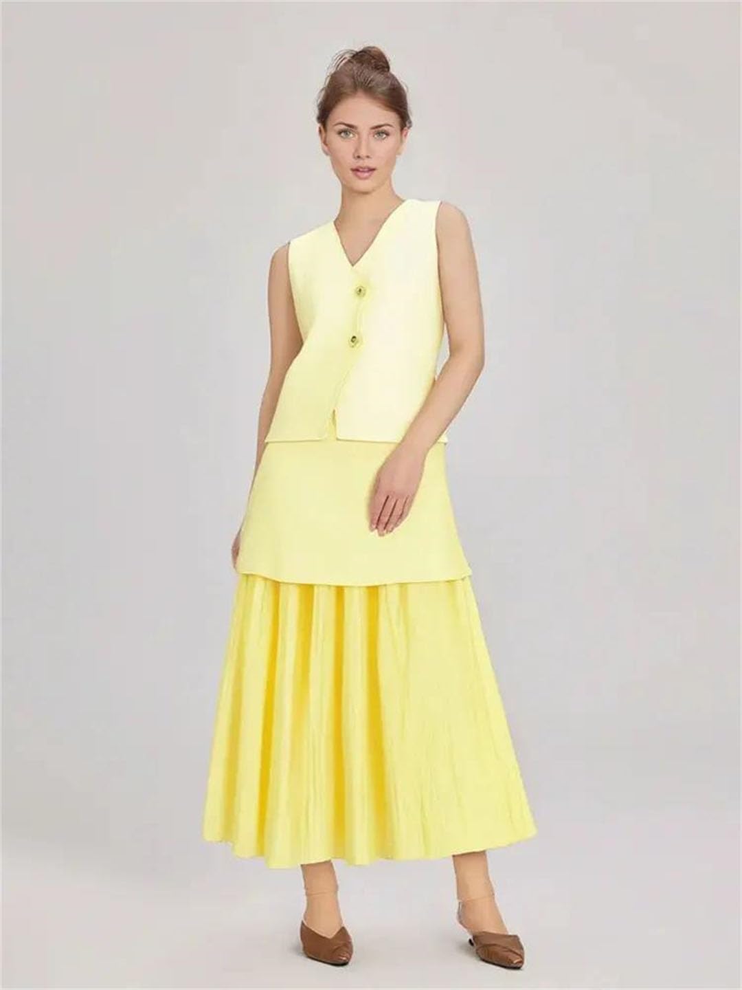 Women Skirt Suit V-Neck Sleeveless Button Knitted Vest Top Midi Skirt Two-Piece Set
