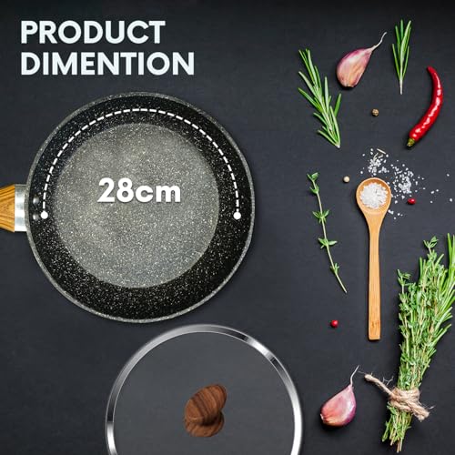 AEX 28cm Nonstick Frying Pan with Lid | Scratch-Resistant & Durable Skillet | Cool-Touch Wooden Handle | Suitable for Induction, Gas, and Electric Hobs - Image 9