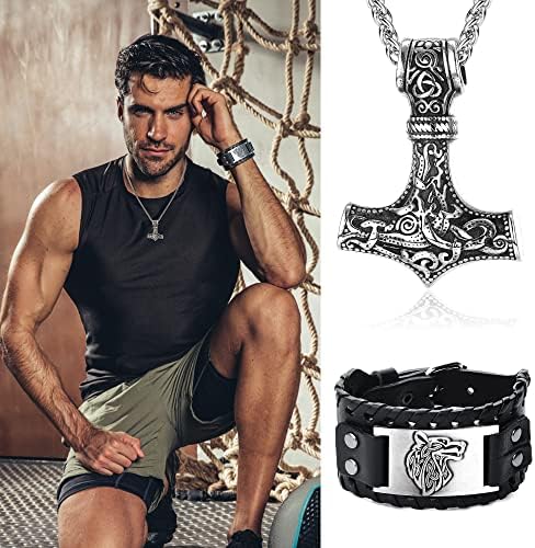 ADRAMATA Viking Necklace Viking Bracelets for Men Amulet Jewelry Thors Hammer Necklace Norse Vegvisir Viking Bracelet Wolf Fenrir Bracelet Mjolnir Necklace Set