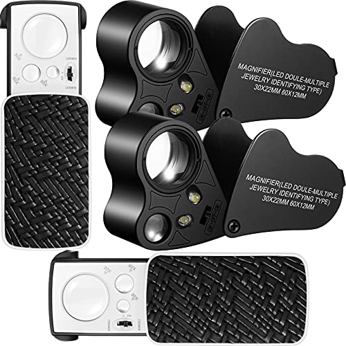 Vetivr 4 Pieces Jewelers' Loupe 30X 60X 90X Illuminated Jewelers Eye Loupe Magnifier Foldable Jewelry Magnifier Loop Magnifying Glass with LED Light for Jewelry Gem Stamp Watch Rock (Black)
