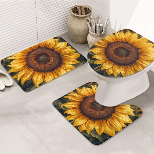 Dwrepo Sunflower Print Bathroom Rug Set 3 Piece with Non-Slip U-Shaped Contour Mat and Toilet Lid Cover for Bathroom Decoration
