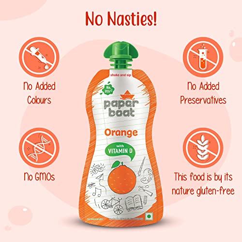 Image of Paper Boat Orange Juice, Enriched with Vitamin D, No Added Preservatives and Colours (Pack of 54, 150ml each)
