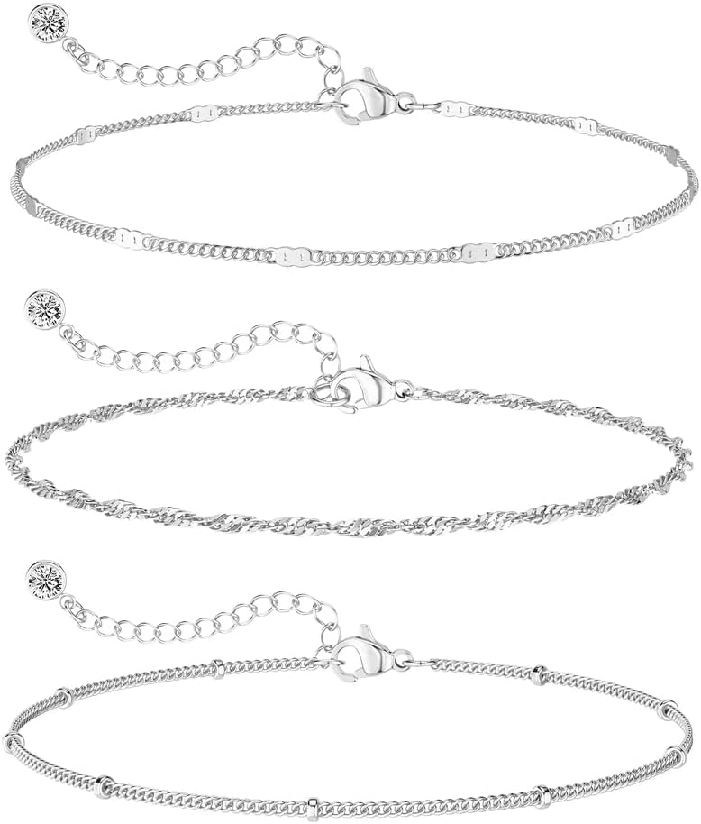 DEARMAY Dainty Silver Plated Bracelets for Women Trendy, Silver Jewelry Set for Women Bracelets for Women Paperclip Box Herringbone Figaro Rope Chain Bracelet Fashion Pack Gifts for Women