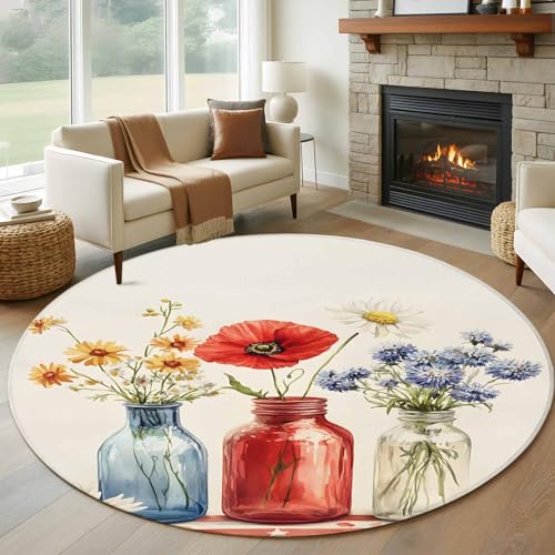 Round Rugs 7ft, Red Poppy Flower Non Slip Washable Rug